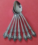 7 Supreme Cutlery TWS142 Stainless Teaspoons 6 1/8" Japan 3 Rose Flower Tip. Fixed Price $25.00.
