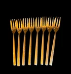 8PC Fortessa Arezzo 18/10 Brushed Gold Appetizer Cake Fork 6 1/4 Square Handle. Fixed Price $44.00.