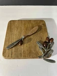 Mud Pie Cheese Board & Wooden Knife With Pewter Leaf Accent, 7.75"X7.75". Fixed Price $22.00.