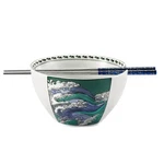 Japanese Ramen Bowl Set Ceramic Wave Design Asian Noodle Soup W/ Chopsticks. Fixed Price $30.29.