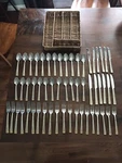54 Piece Cambridge Stainless Steel Gold Accent Flatware. See Pictures. With Tray. Fixed Price $61.00.