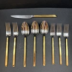 Villeroy & Boch Classica Partially Gold Plated 9 Pc Soup Spoons, Knife, Forks. Fixed Price $160.00.